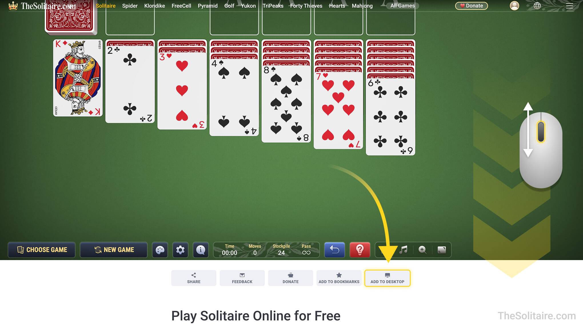 Layar permainan solitaire yang menunjukkan ke mana harus menggulir ke bawah untuk menemukan tombol "Tambahkan ke Desktop" di bawah permainan.