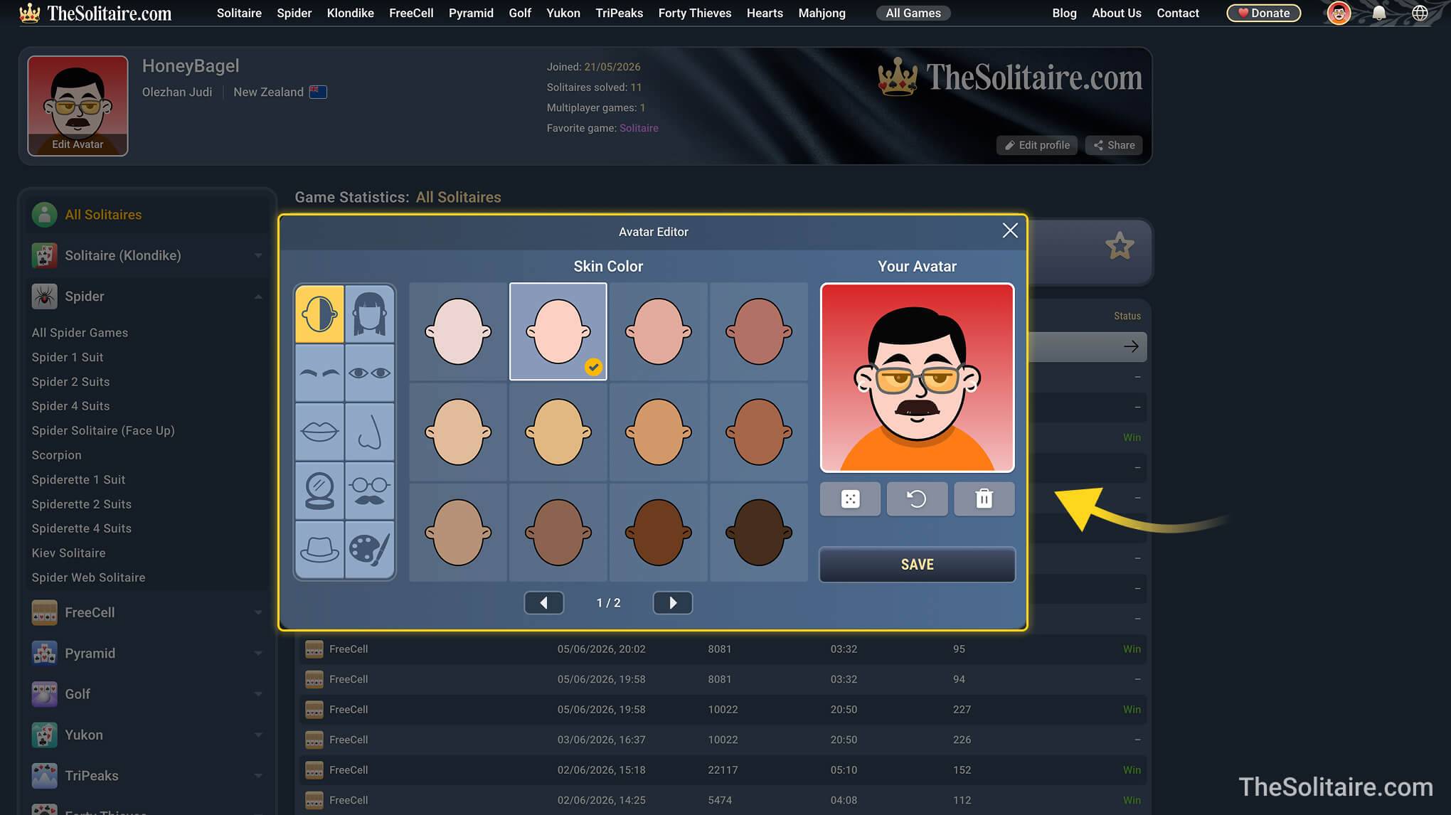 Редактор аватара TheSolitaire.com.