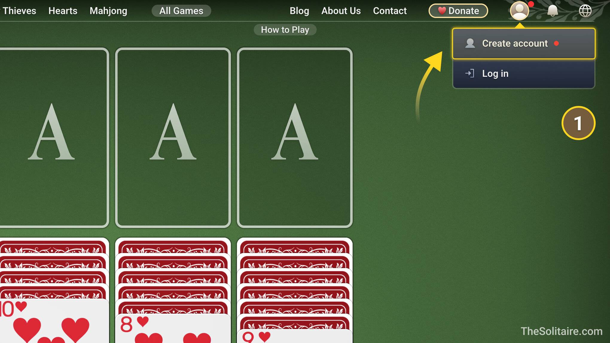 Екран гри TheSolitaire.com з відкритим меню акаунта у правому верхньому куті, де показані варіанти «Створити акаунт» і «Увійти». Екран гри TheSolitaire.com з відкритим меню акаунта у правому верхньому куті, де показані варіанти «Створити акаунт» і «Увійти».