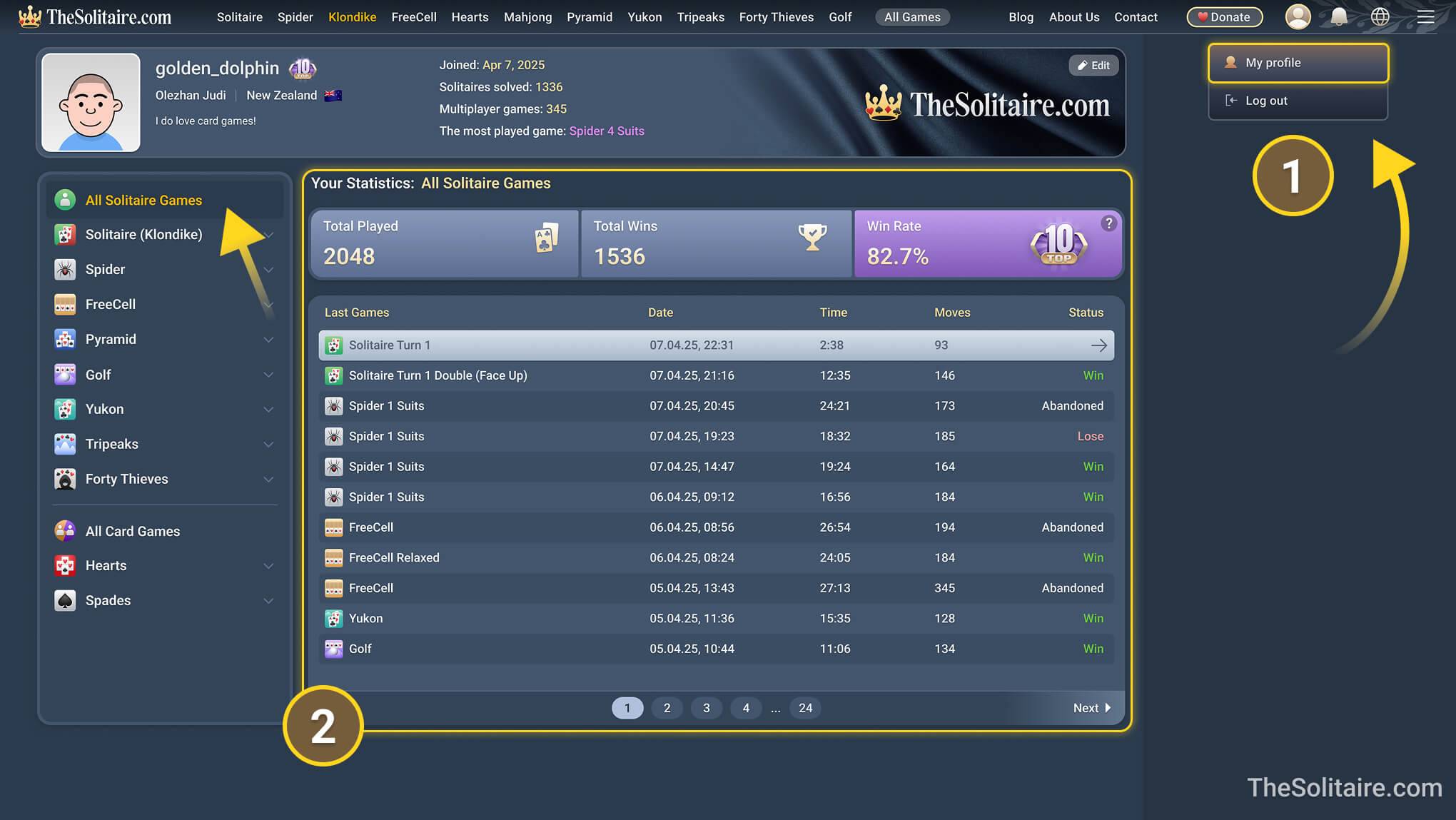 Ecrã do perfil do jogador com estatísticas dos jogos jogados. No canto superior direito, o menu do perfil está aberto. A seta mostra o caminho para o ecrã de estatísticas.